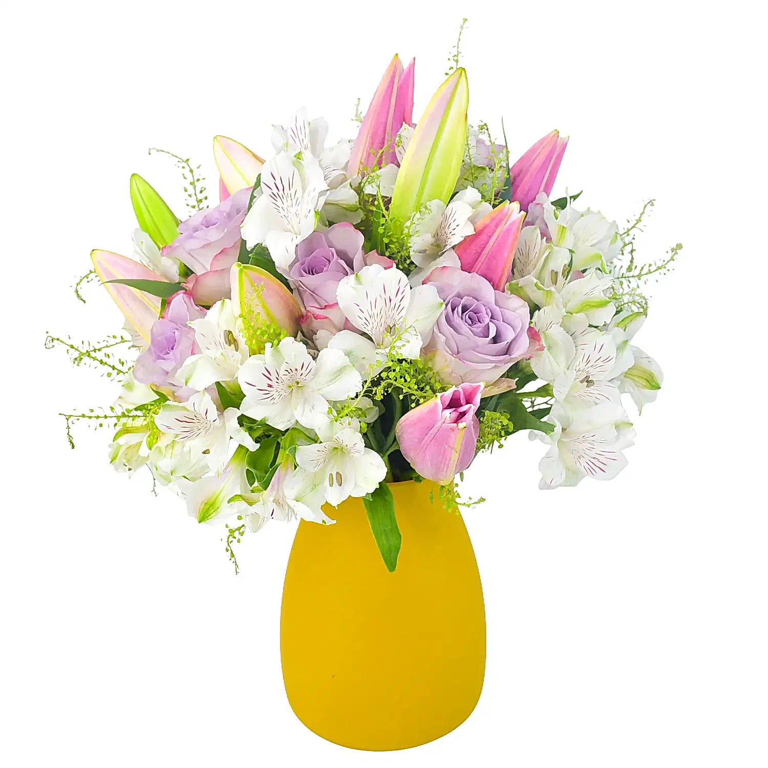 pastel colours flower arrangement in orange vase